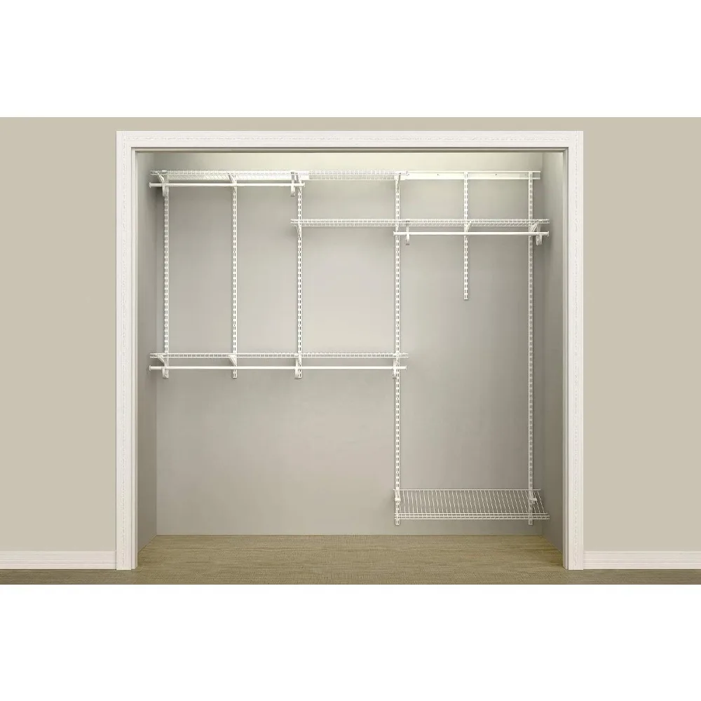 Wire Closet Organizer System, Adjustable from 5 to 8 Ft., With Shelves, Clothes Rods, Shoe Shelf, Hardware, Durable Steel, White