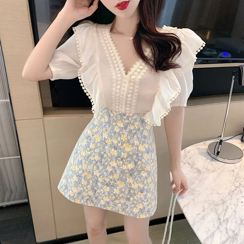 Women\'s Two Piece Set Short Sleeve Skirt Office Female Outfits Printing Vacation 2024 New in The Same Summer Clothes Matching