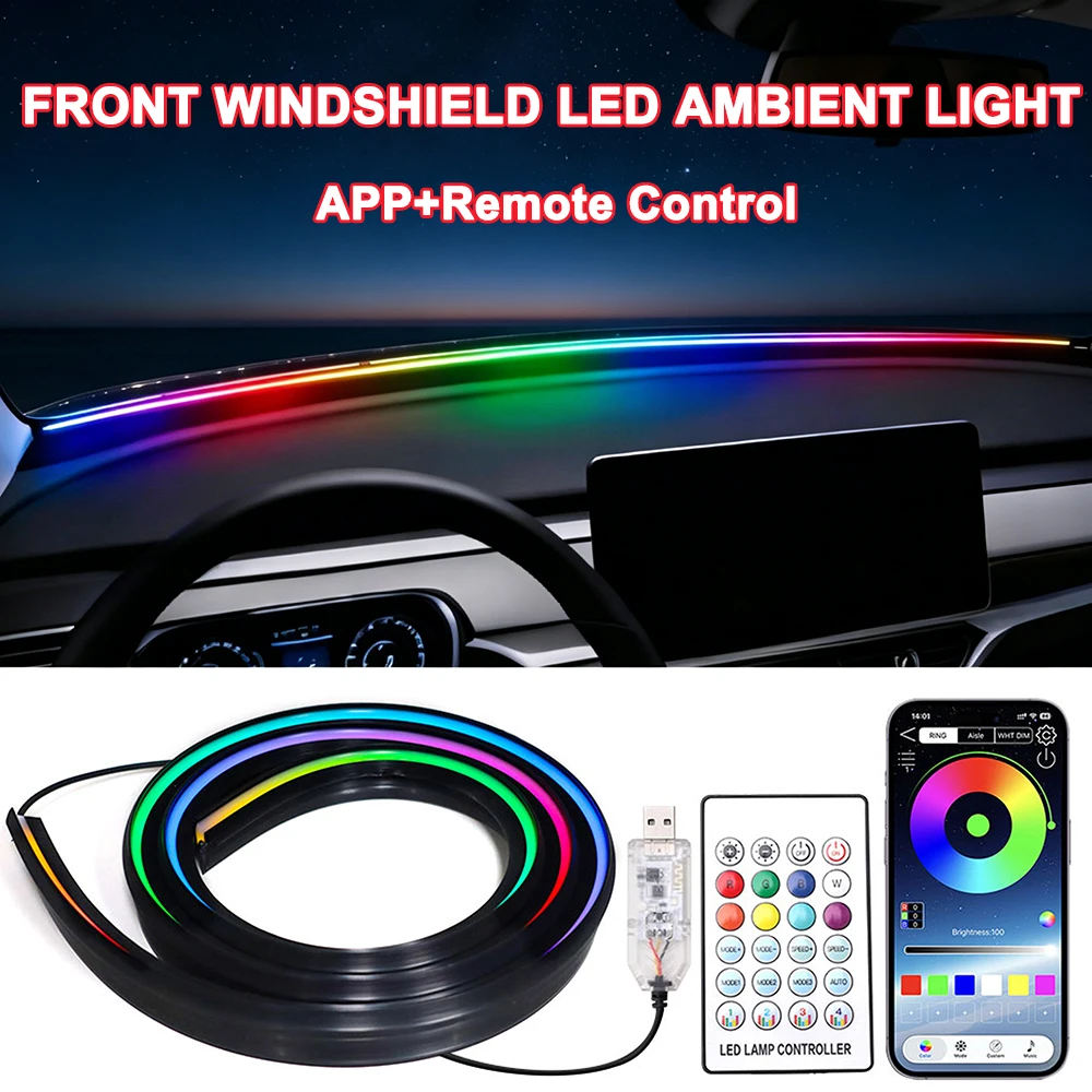 Car Front Windshield Ambient Light 140CM 150CM Auto RGB Dashboard Interior Decoration Light With Remote APP Voice Control USB 5V