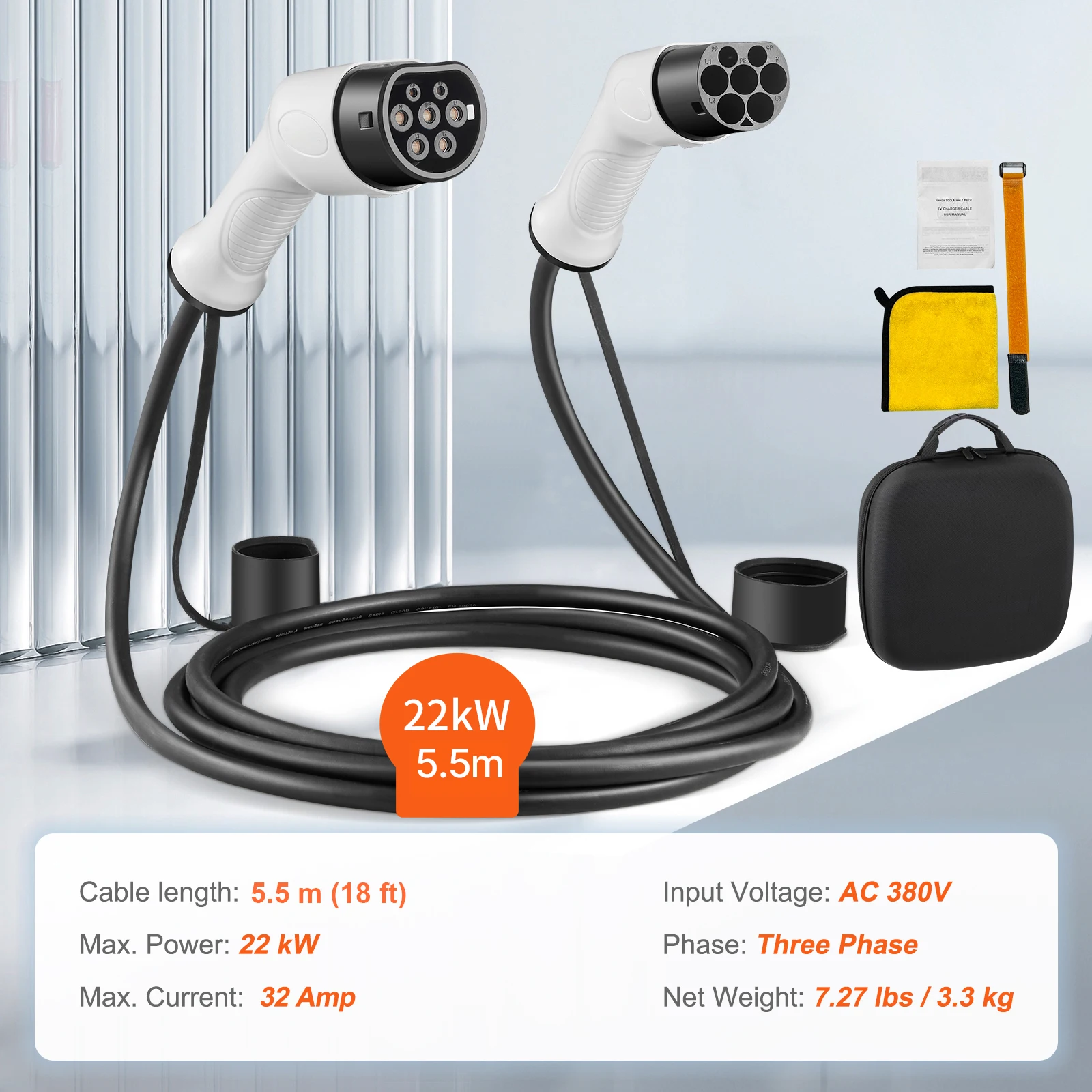 SucceBuy EV-auto-oplaadkabel 3,6 kW 16A/7 kW 32A/11 kW 16A/22 kW 32A Type2 IEC62196 Lengte 5M / 7M Kabel Draagbaar voor auto-opladen