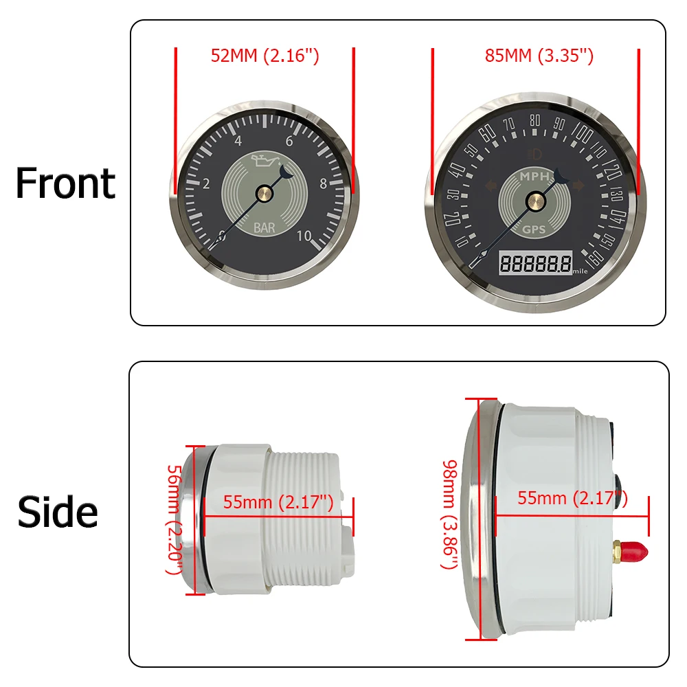 ELING 85mm Car GPS Speedometer 0-220km/h 0-160mph + Tachometer 0-8000RPM + 52MM Fuel Level Water Temp Oil Pressure Voltmeter 12V