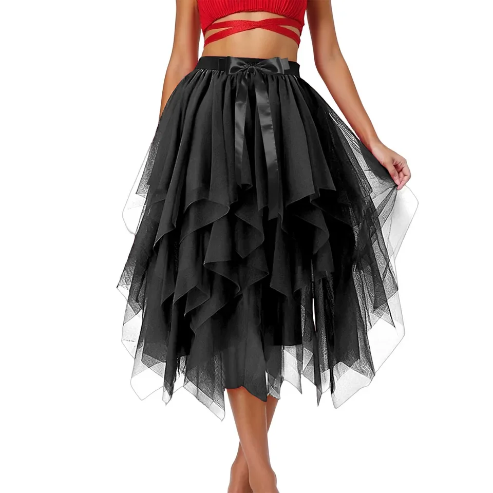 Women Skirts High Low Layered Puffy Fairy A Line Midi Skirt Irregular Tutu Elegant Soft Knee Summer Pleated A Line Mini Skirts