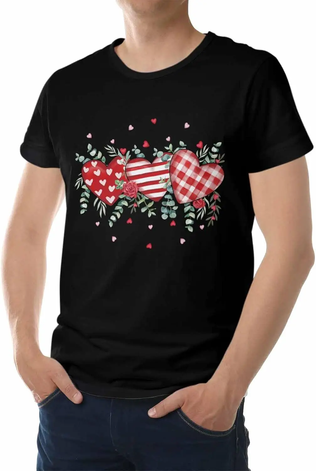 Men's T-Shirt, Novelty Graphic T-Shirt Red Love Heart Eucalyptus Leaves Cotton Crew Neck Men's Short