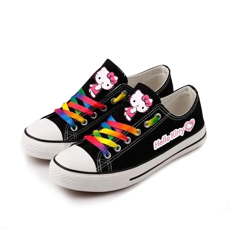 Sanrio Hello Kitty Cute Girl Black Canvas Shoes Cartoon Low Help Versatile Lolita Shoes Kitty Printed Shoes for Women 2024 New