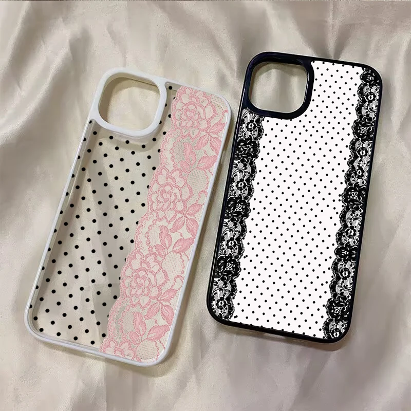Image of Handyhülle für iPhone 11 12 13 14 15 Plus 16 Pro 17 Pro Max 16E 17Air X XR XS 7 8 Plus SE 2022 Spitze Blumen Polka Dot Transparente Hülle