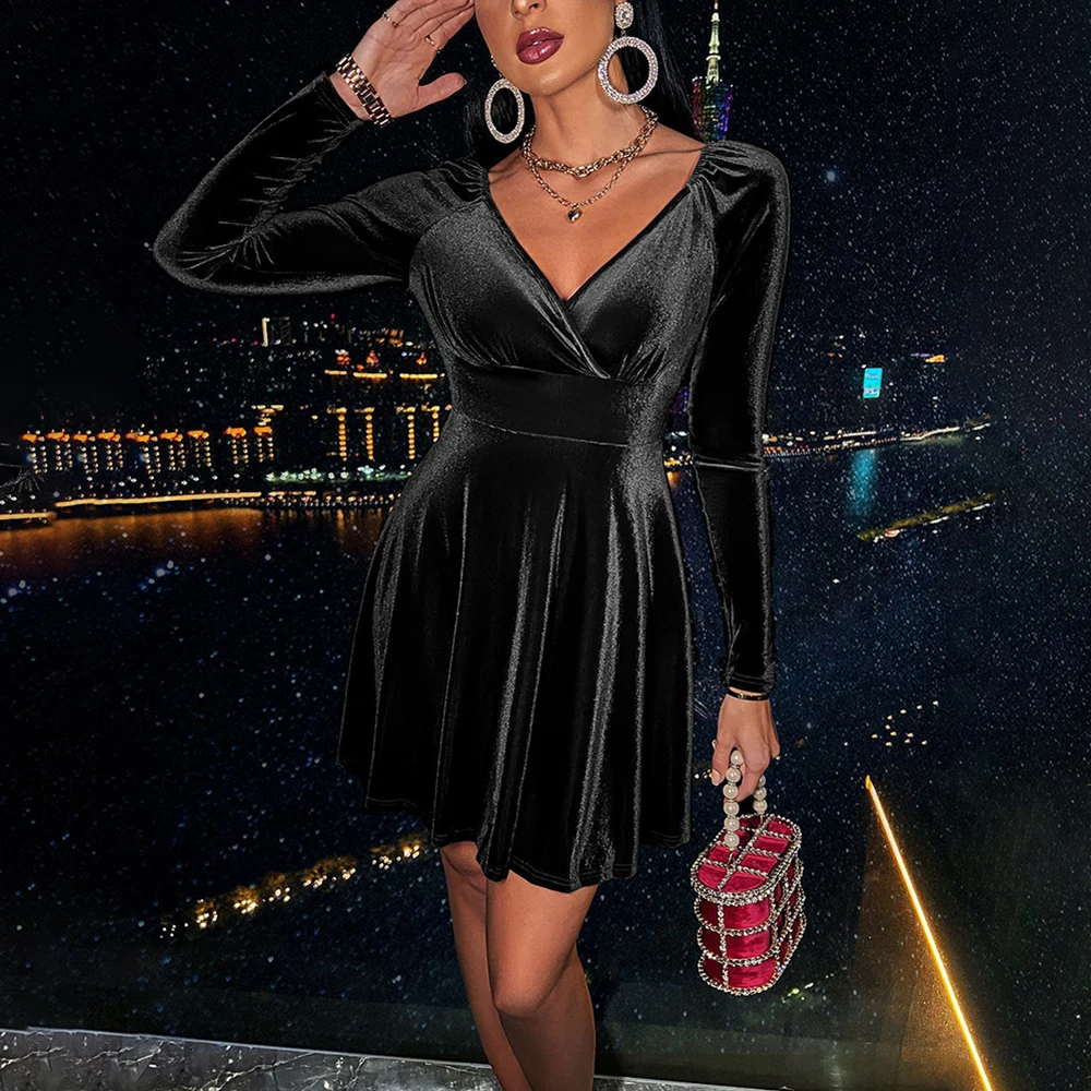 

Women’s Satin Elegant Formal Evening Dress Solid Deep V-Neck Long Sleeve Slim Mini Dress For Female Light Luxury Prom Dresses