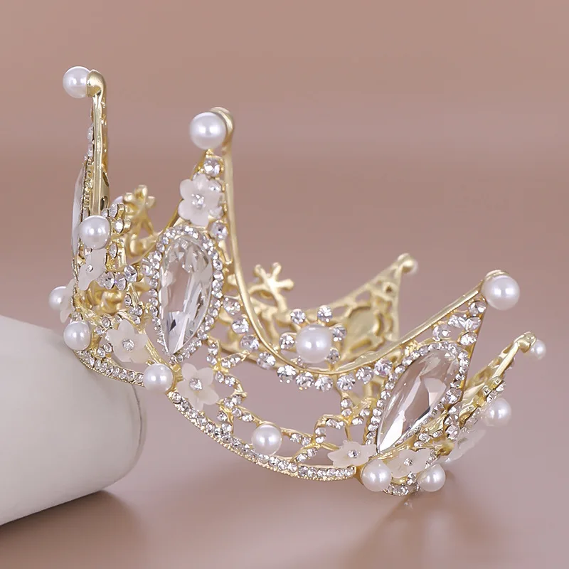 Crystal Pearl Round Crown Tiara Rhinestone Prom Diadem Crown For Women Bridal Wedding Hair Accessories Jewelry Crown Tiara Gift