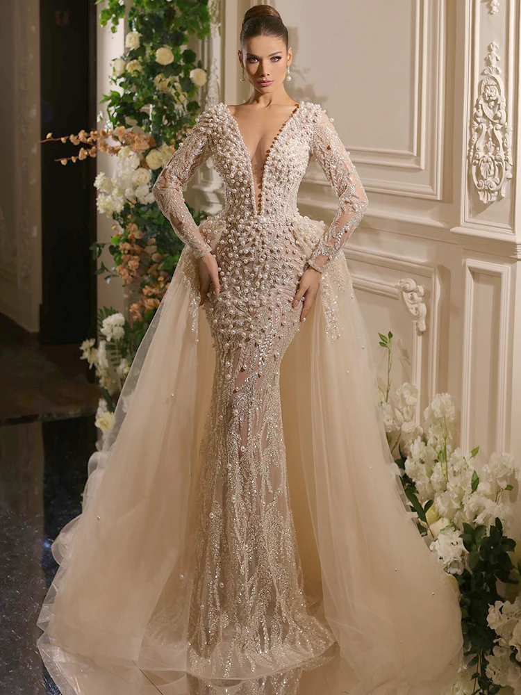 

Luxurious Pearl - Embellished Sheer Mesh Deep V-Neck Mermaid Gown Women's Lace Formal Events Wedding Evening Prom Long Dress