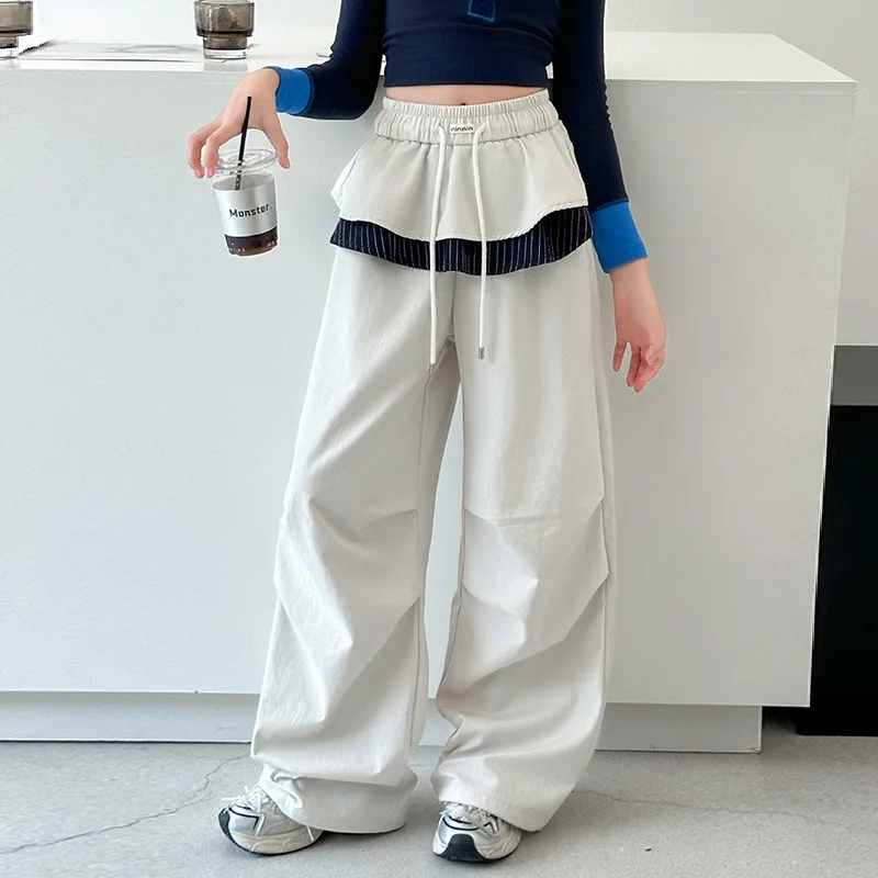 Gerade Hosen für Kinder und Mädchen von UNITIM, 4–14 Jahre, Patchwork-Hosen für Kinder und Mädchen, lockere, lässige Hosen für junge Teenager, Mädchen mit weitem Bein – Detail 3