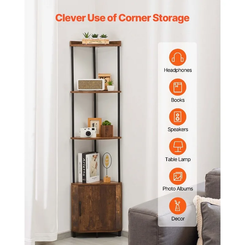 

5 Tier Corner Shelf Tall Corner Stand with LED Light & Doors Narrow Rack