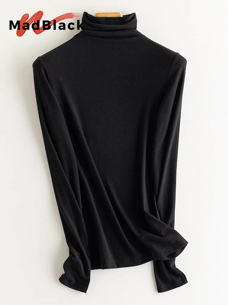 MadBlack-30%Wool Elegant Knit T-Shirt, Pile Collar Long Sleeve Solid, Women Basic Versatile Thin Top, 2026 Autumn New T66848CC
