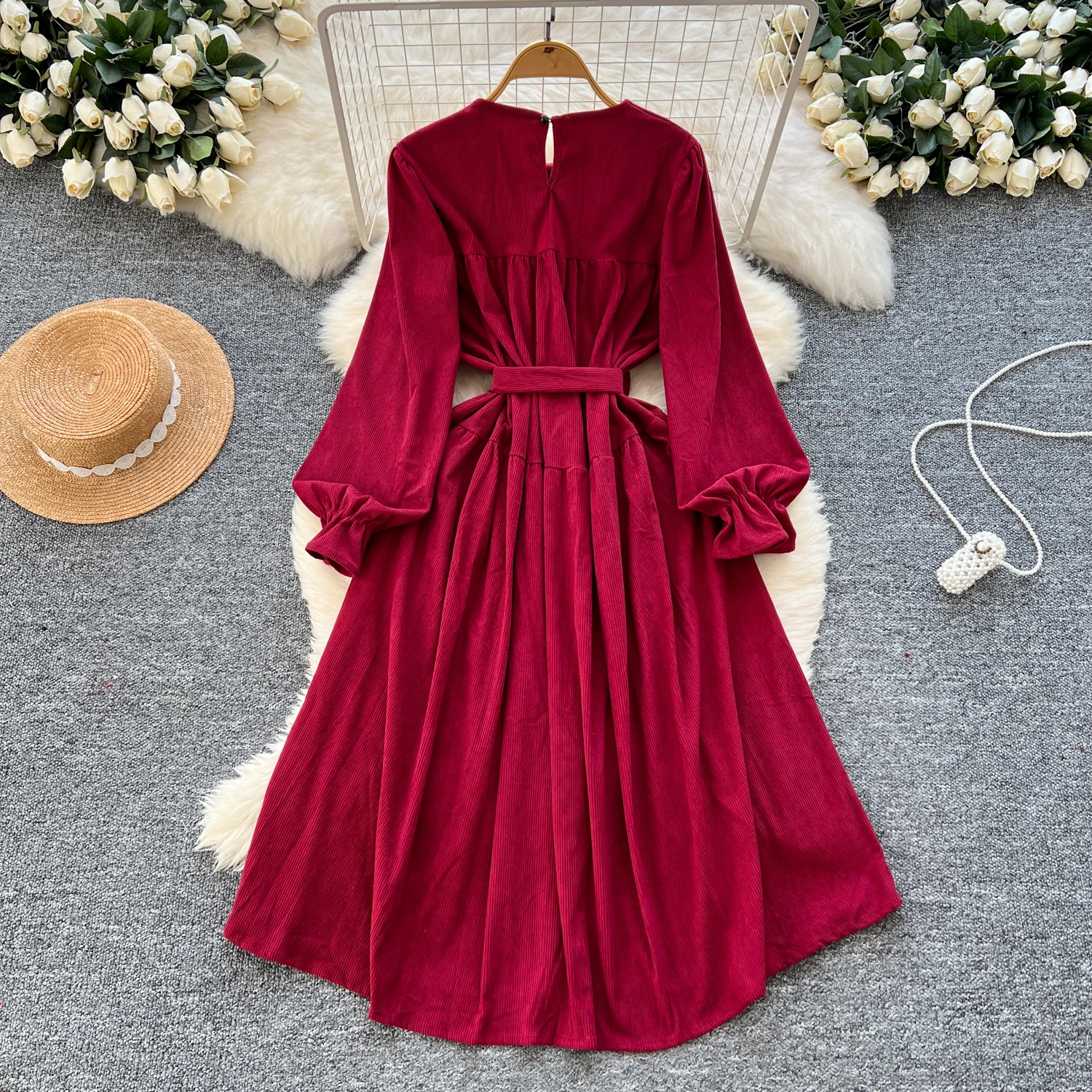 Elegant Long Sleeves Vintage O-neck Bandage Slim Corduroy A-line Long Dresses French Evening High Street Autumn Winter Clothing