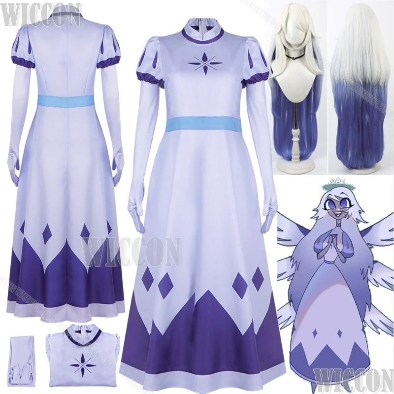 

Ангел Эмили Хоссбин аниме отель косплей костюм фиолетовое длинное платье перчатки белый фиолетовый парик девушка женщина Хэллоуин карнавальная одежда