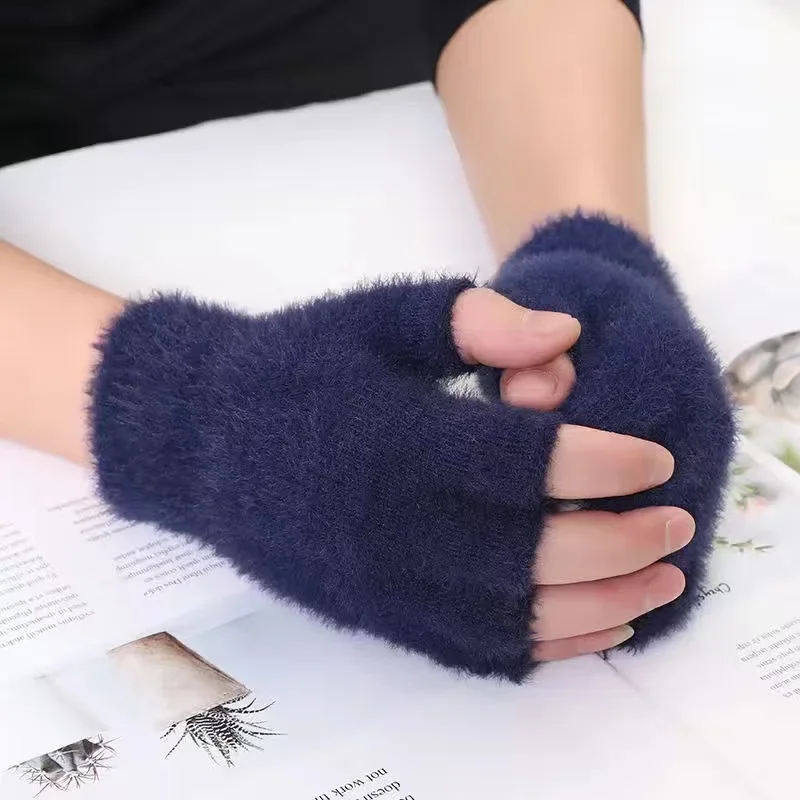 2021 Winter Warm Gloves Female Flip Fingerless Cartoon Cat Claw Gloves Male Thick Plush Warm Writing Half-finger Work Gloves