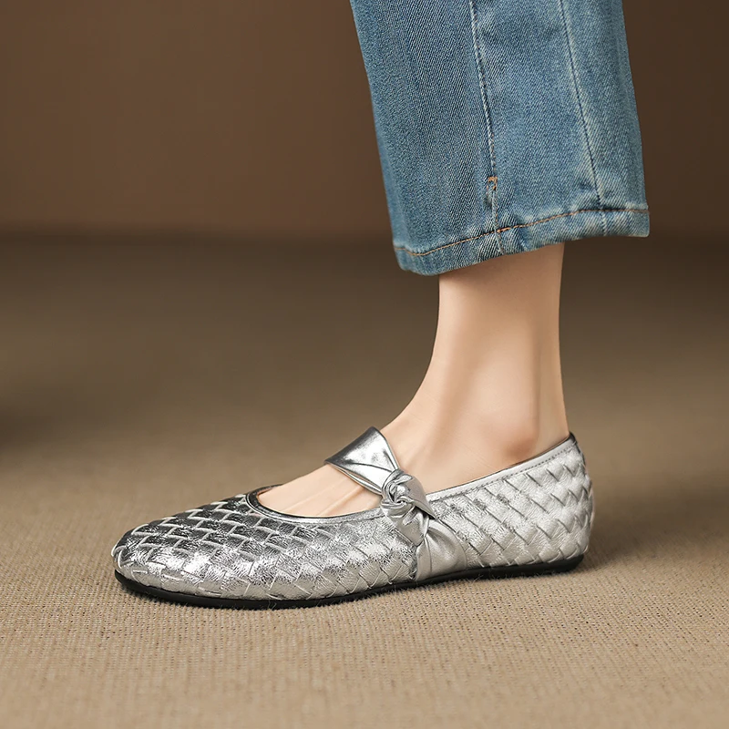

2026 New Genuine Leather Vintage Woven Round Toe Shallow Cut Flats Versatile Casual Flat Mary Jane Shoes for Women