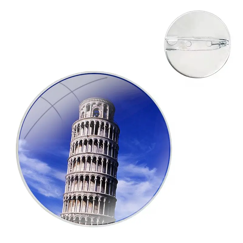 Glass Dome Brooches Badge Pins For Clothes Hat Shirt Lapel Bag Leaning Tower of Pisa