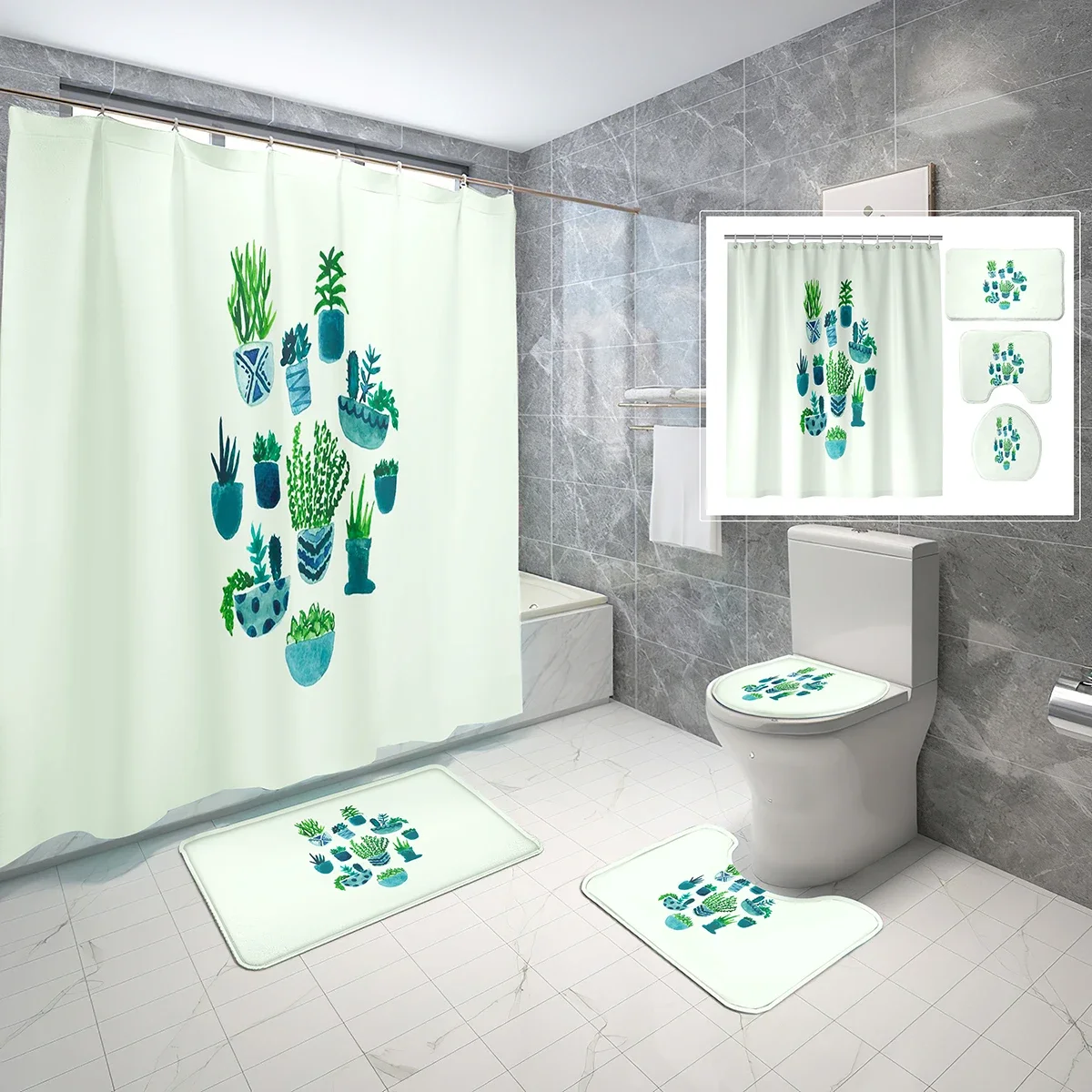 4 Pcs Cactus Bathroom Shower Curtain Set with Non-Slip Rug,Toilet Lid Cover and Bath Mat,Simple Succulents Shower Curtain Set