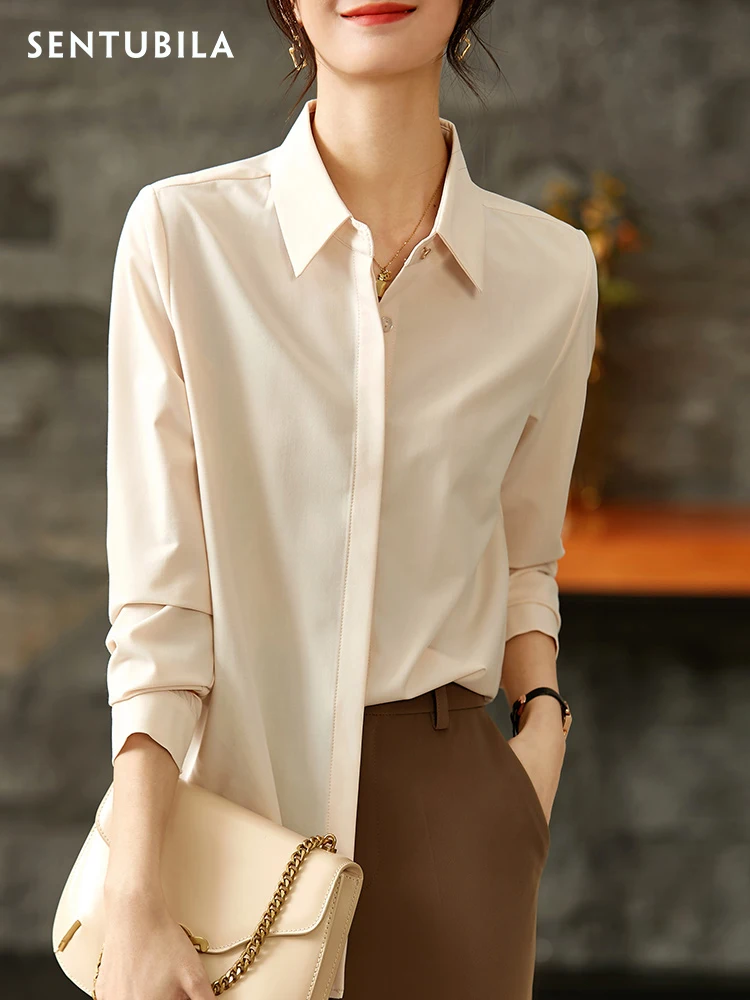 SENTUBILA Simple Female Blouse 2024 New Spring Autumn Solid Long-sleeved Temperament Fashion Office Lady Shirts 113C37011