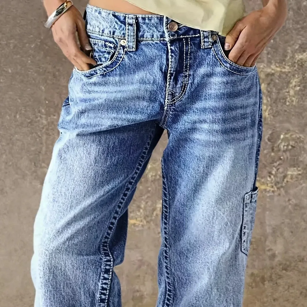 Pockets Wash Jeans Wide Leg Western Style with Straight Leg Regular Thickness Urban Streetwear Summer High Stretch Women Pants