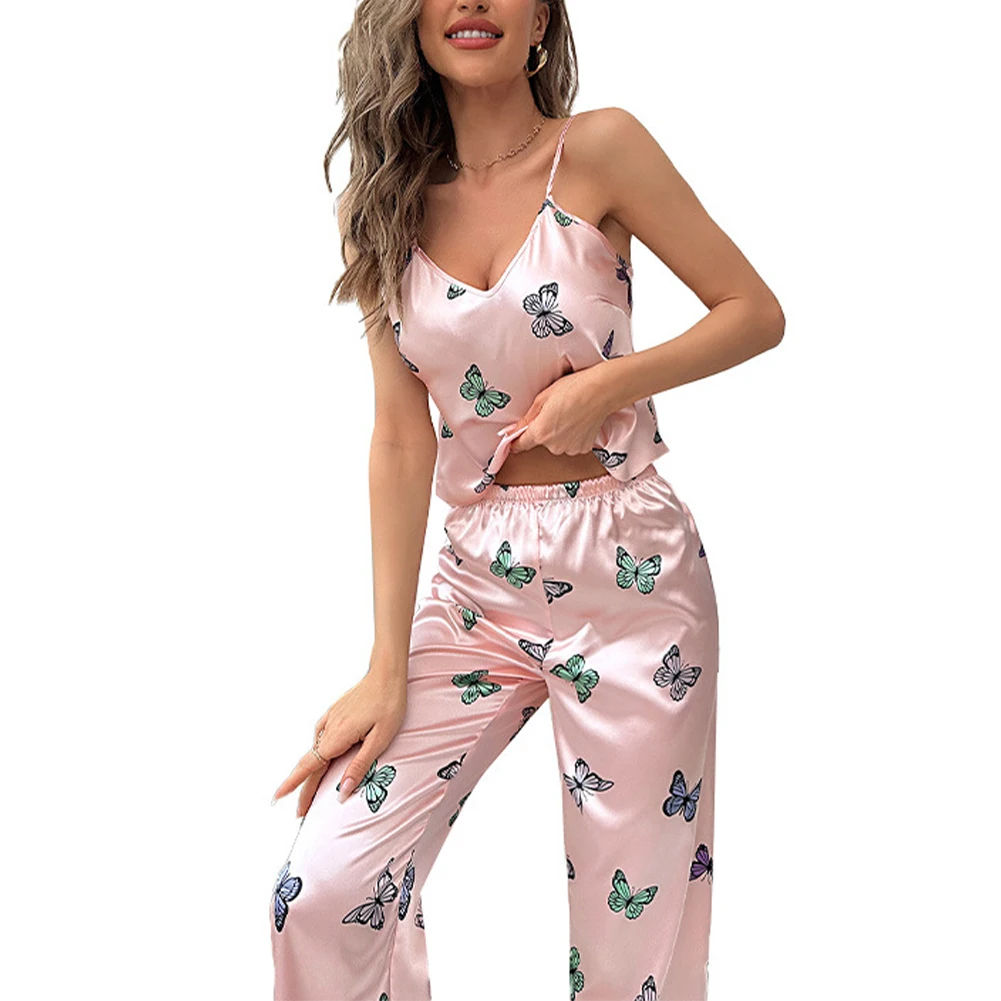 

Women Sleepwear Satin Smooth Pyjamas Set Pink Color Butterfly Nightwear Loose Long Pants Thin Breathable Home Wear 2Pcs