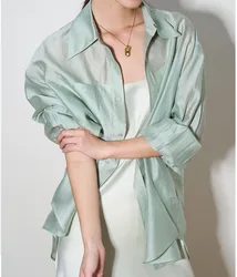 2024 Tencel Mint Green Sun Protection Shirt for Women, Summer Lightweight Chiffon Blouse, Loose Fit Cardigan, Casual Style