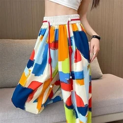 Women Ice Silk Casual Pants New Summer Elastic High Waist Wide-leg Pants 6XL Large Size Female Fashion Printed Straight Tousers
