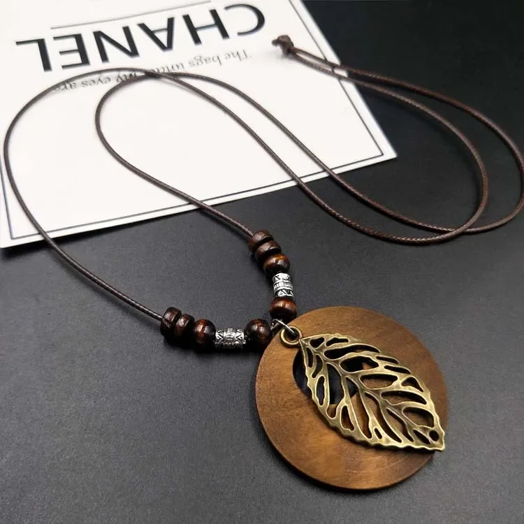 Retro Cotton Linen Accessories Ethnic Wooden Alloy Leaves Tree Flower Long Necklace for Women Woolen Clothing Chain