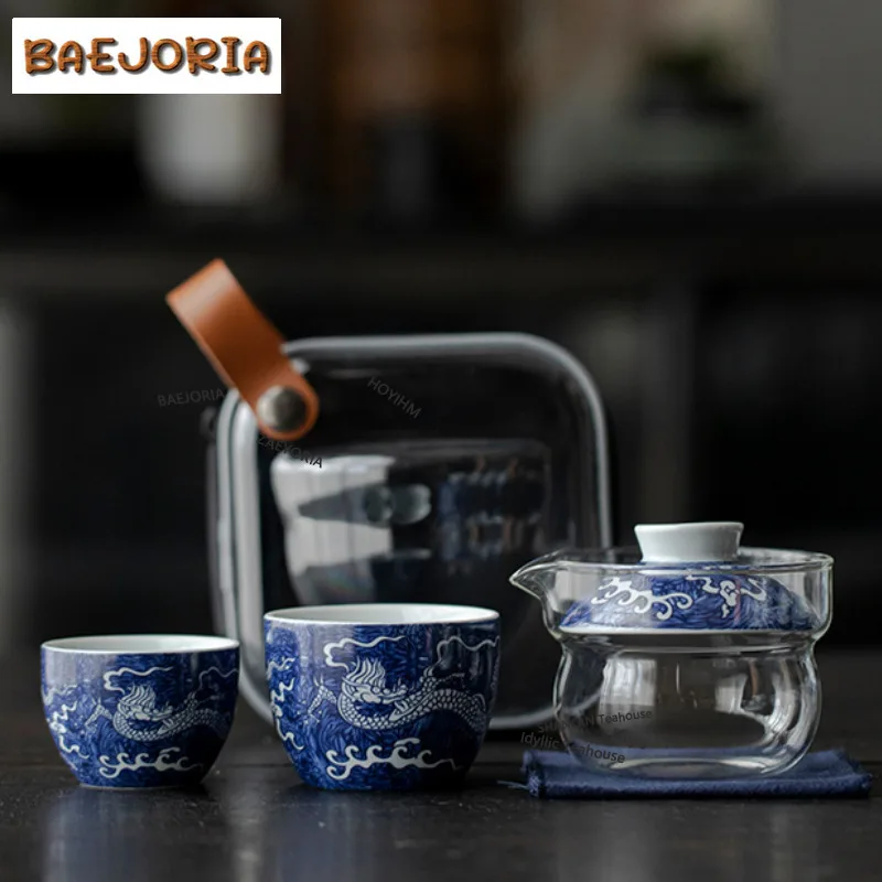 BAEJORIA Blue And White Glass Hand-grasp Pot Set Portable Travel Tea Set Kit Traditional 1 Pot 2 Cups Tea Maker Tote Bag Gift