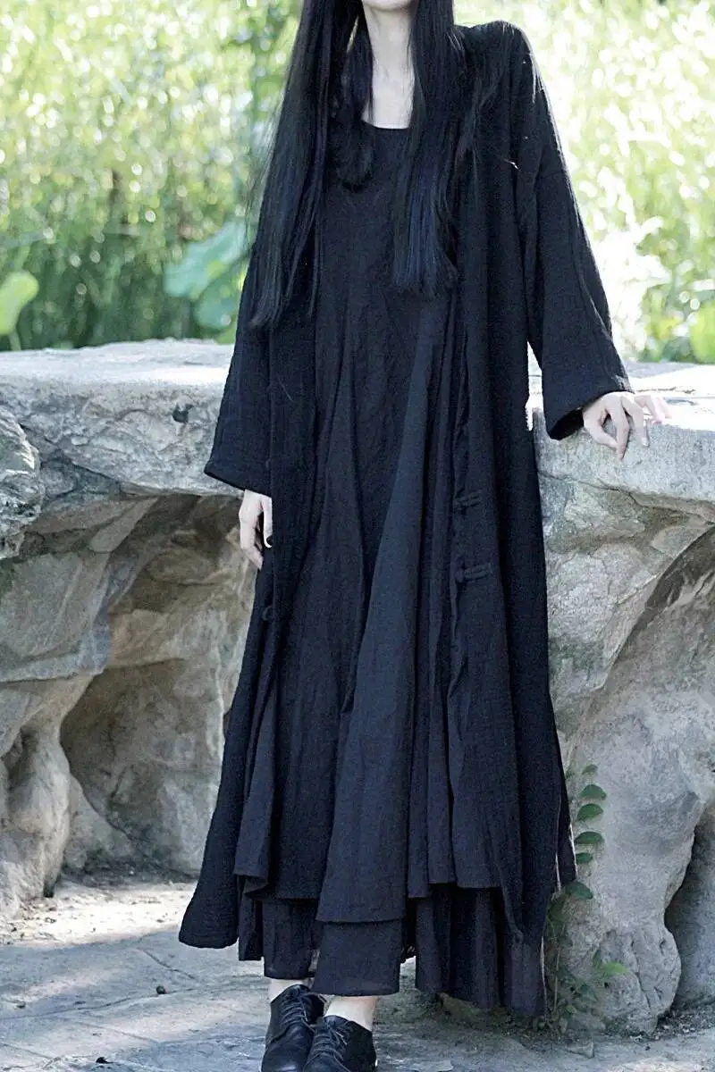 Damski płaszcz z bawełny i konopi UMI MAO, jesienny, w stylu retro, chińskim, sukienka, długi artystyczny kardigan zapinany na guziki, styl Y2K.