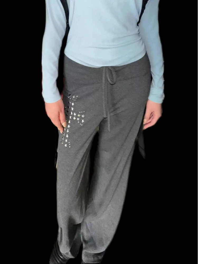 Retro New Casual Niche Pentagram Rivet Print, Soft and Comfortable, Loose and Slimming, Wide Leg Gray Pants, Women's Clothing