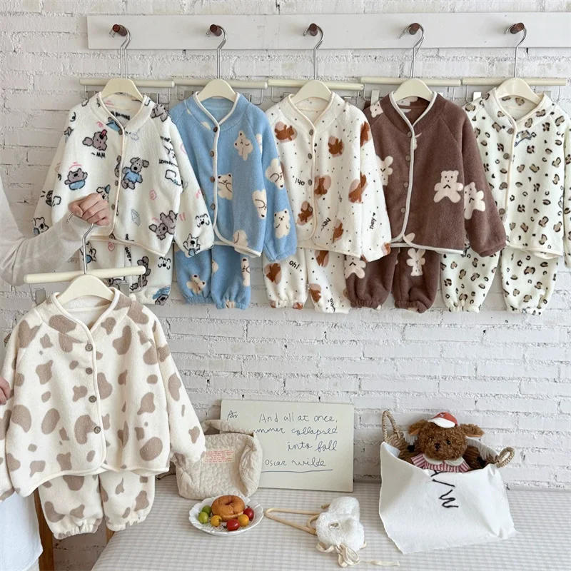 Winter Jungen Fleece Anzug Mädchen Gepolsterte Kleidung Sets Kinder Warme Pyjama Hosen 2Pcs Herbst Neue Verdicken Outfits kinder Kleidung