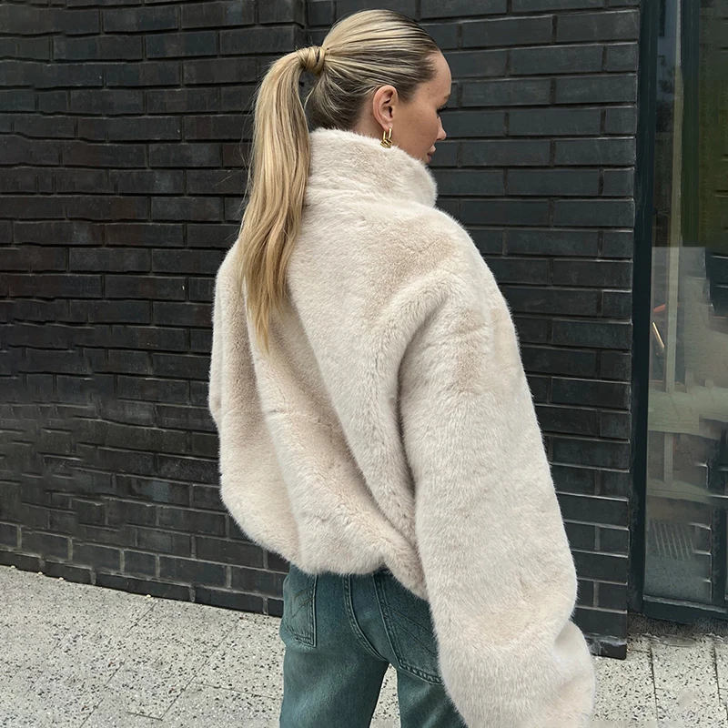Tuularose Stand-Collar Fur Coat Women's Plush Loose Thickened Autumn Winter Zipper Coat Lady Soft Comfortable Casual Simple Coat