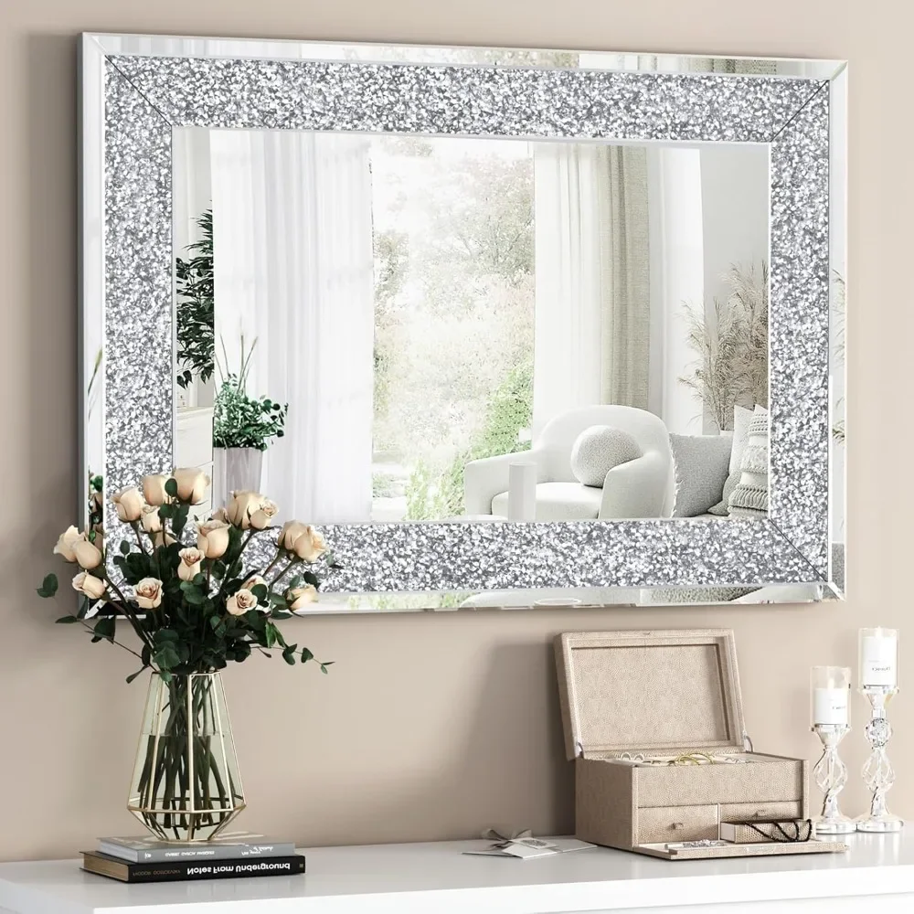 Crystal Crush Diamond Wall Mirror 46.5''x30.5'' Rectangle Silver Mirrors for Wall Decorative Large Wall Mirrors