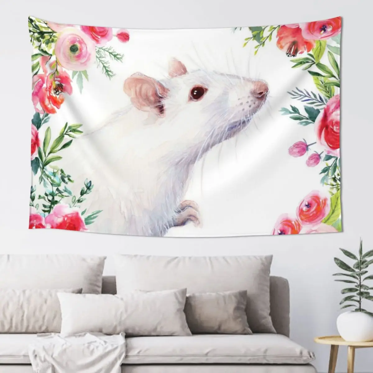

White Rat and Red Flowers Watercolor Floral Animal Tapestry Bedrooms Decor Custom Nordic Home Decor Tapestry