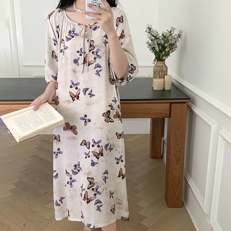 Women Dress Cotton Silk Five-Minute Sleeve Pyjamas Temperament Design Sense of Home Nightgown Female Homewear Sweet Wind Outside