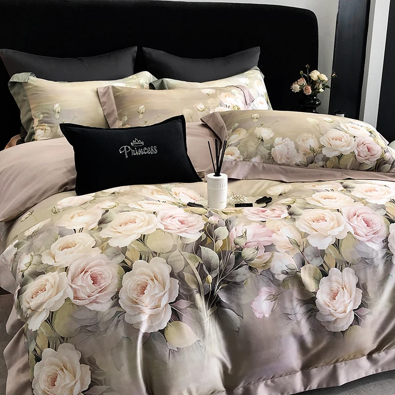 4Pcs Luxury Digital Printing Flowers Bedding Set Lyocell Cotton Brushed Fabric Duvet Coves Set Flat/Fitted Bed Sheet Pillowcases