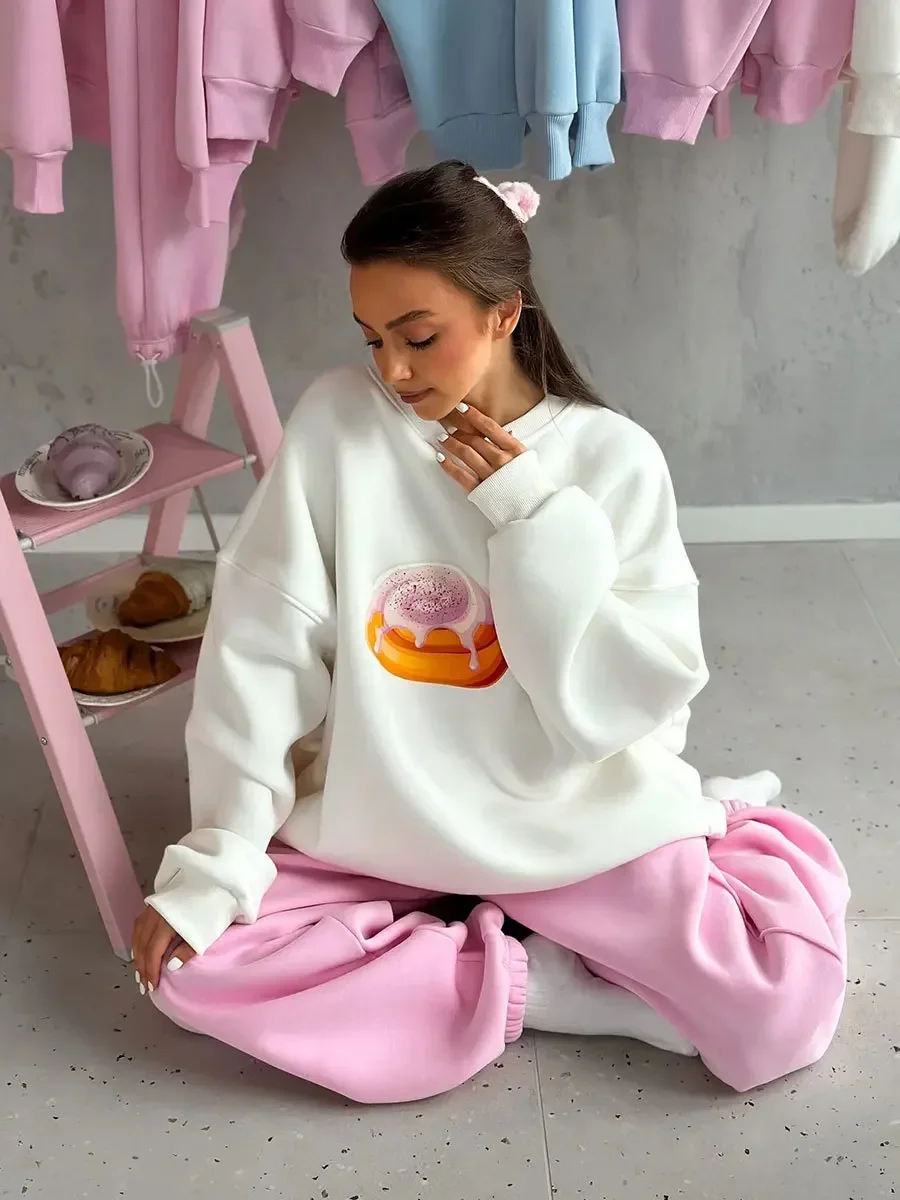 

New Autumn Winter Cake Printed Pullover Women's Plush Loose Slimming Long Sleeves Sweatshirts O-neck Pullover Hoodie