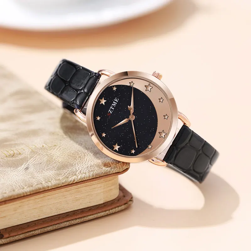 ساعة نسائية بحزام جلدي ، سماء القمر المرصعة بالنجم ، ساعة كوارتز ترفيهية لطيفة ، طراز الكلية ، الموضة العصرية #1