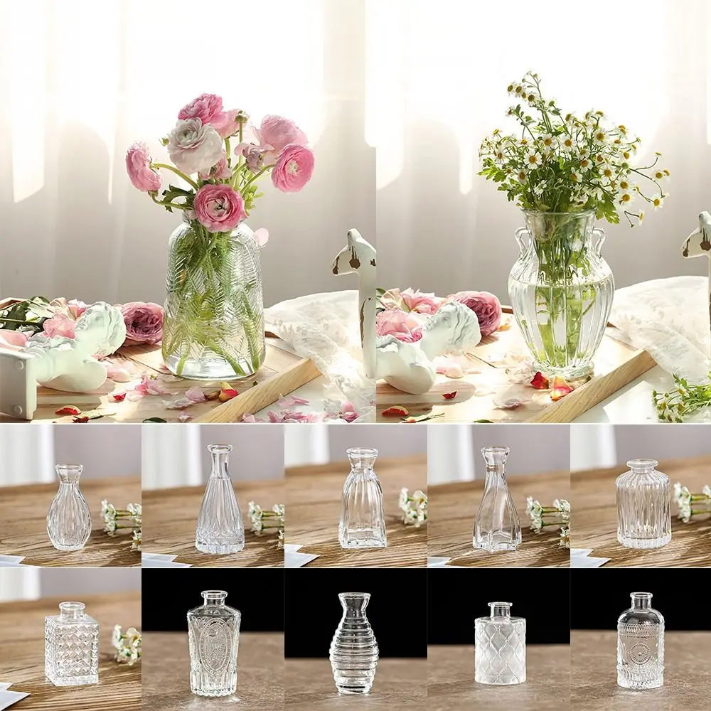 INS Mini Wedding Glass Flower Vase Embossed Retro Transparent Hydroponics Plant Vase Desktop Ornaments Home Decoration