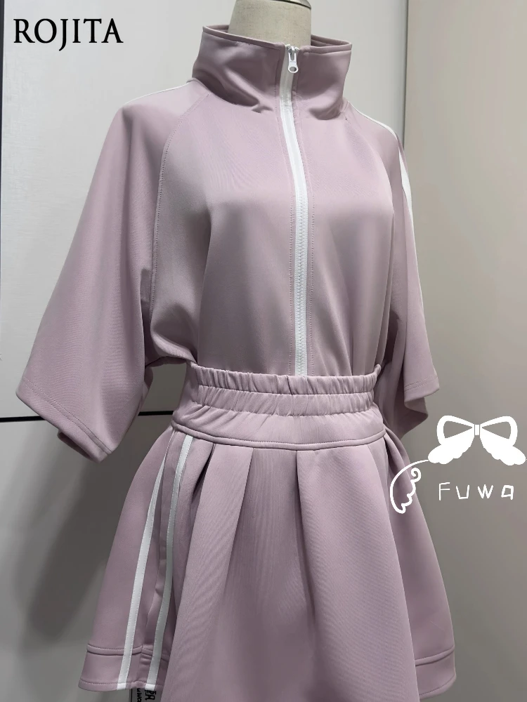 

Pink Short Sleeve Zipper Jacket Japanese Style Cute Jackets for Women Elastic Waist Striped Patchwork Short Skirt