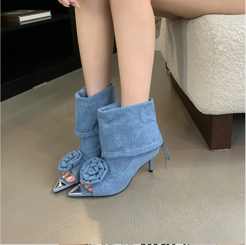 2024 European and American Women Shoes Removable Flower Pointed Fish Mouth Two Wear Denim Cool Boots Short Boots Ankle Boots