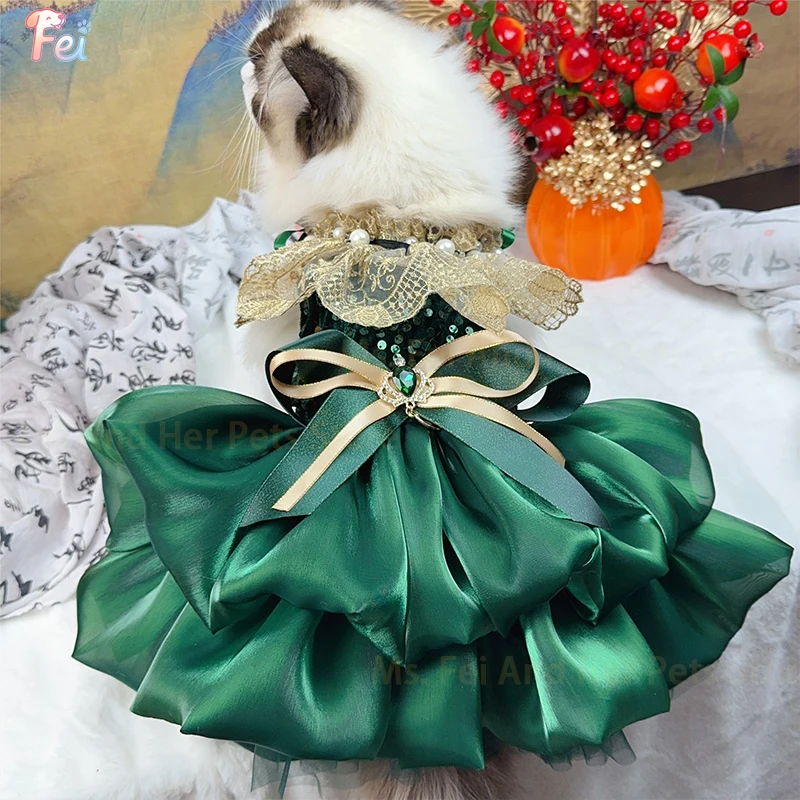 

Princess Dog Dress Luxury Handmade Pearl Sequin Starfish Skirt with Adjustable Bow for Small-Medium Poodle Yorkie Party Clothes