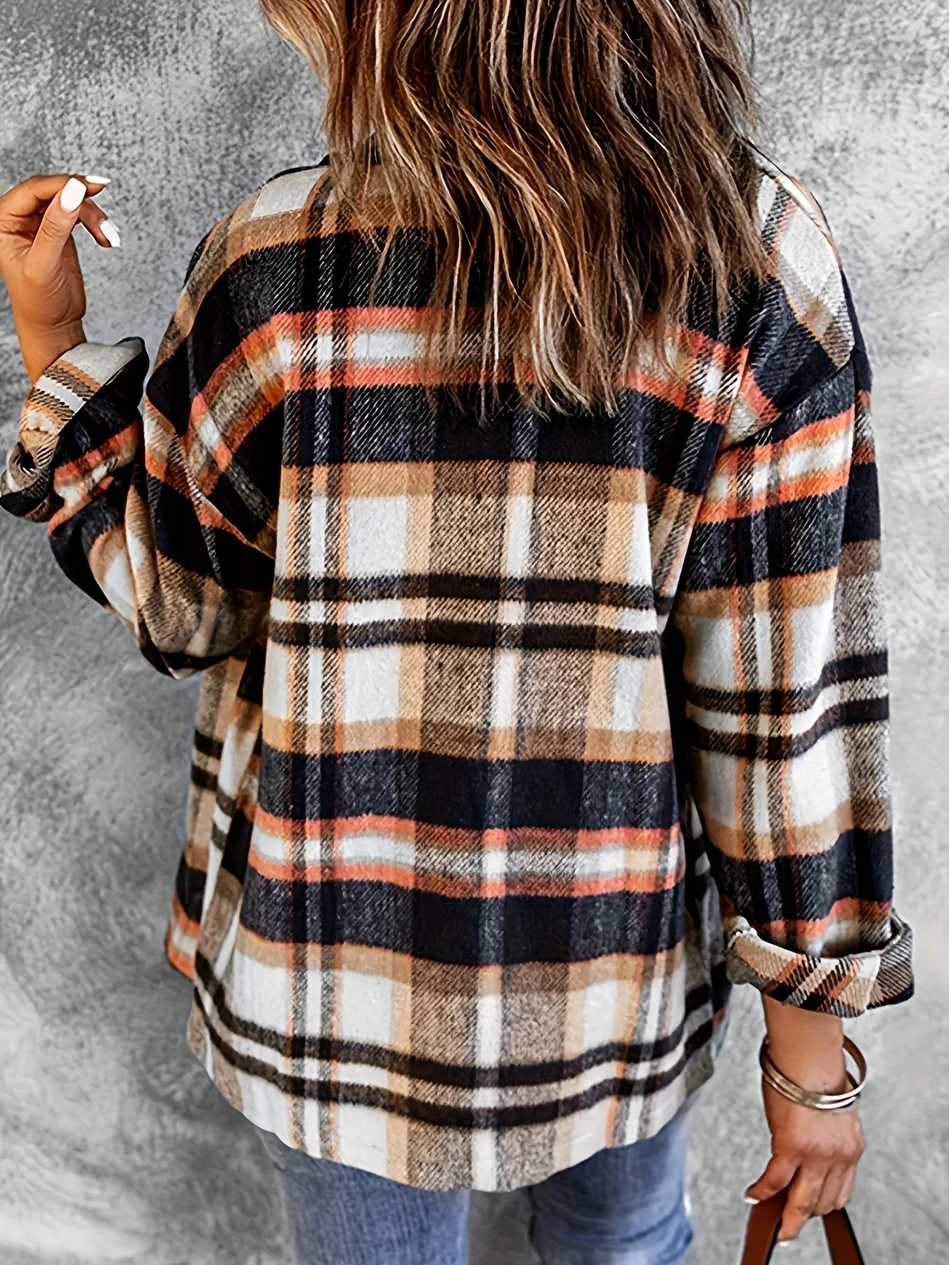 Plaid Print Button Front Jacket Long Sleeve Flap Pockets Shacket For Fall & Spring Women's Clothing