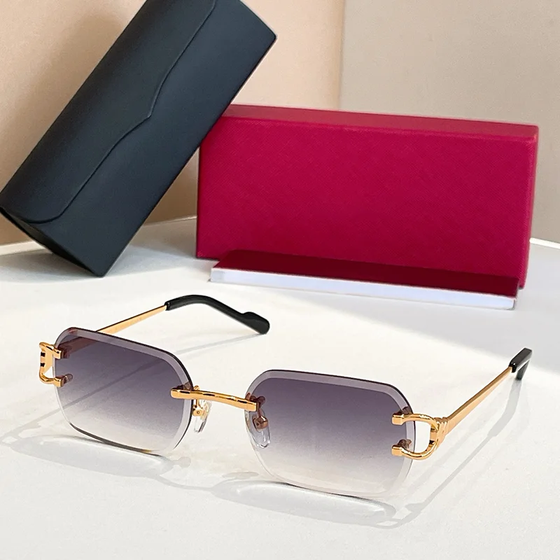 

2025 Trendy Classical Luxury Gold Boundless Sunglasses for Men Designer Hand Craft Diamond Cut Rimless Alloy Solar Glasses
