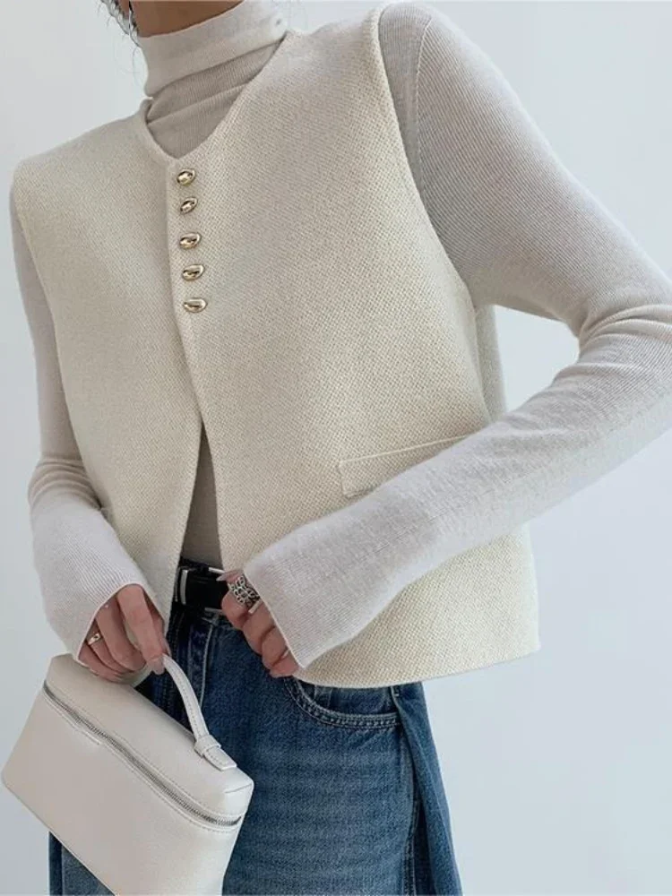 

Элегантные однотонные универсальные майки 2025 Ropa Mujer, корейская вязаная майка без рукавов, женская одежда, модный жилет на пуговицах с круглым вырезом