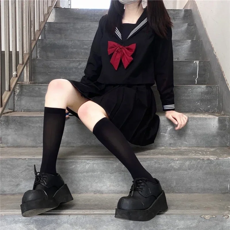 

Uniforme escolar japonês para meninas, terno Jk tamanho grande, gravata vermelha preta, três uniformes básicos de marinheiro