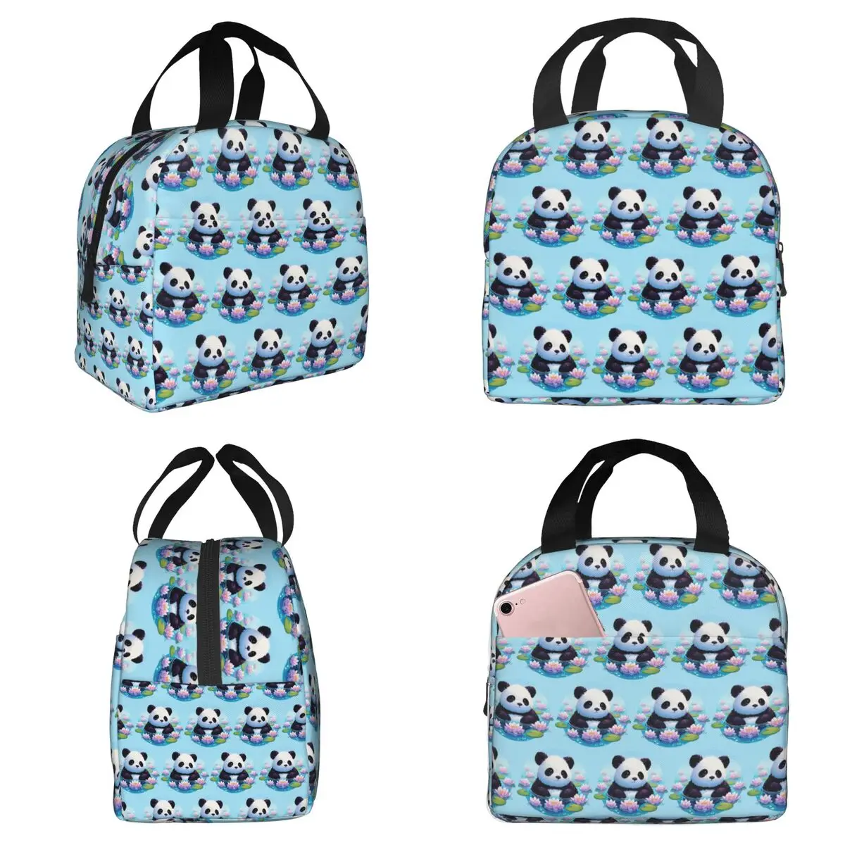 Lotus Water Lily Cute Panda Bear Bath Insulated Lunch Bag for Women Office Cooler Thermal Food Box Tote Lunch Boxes Container
