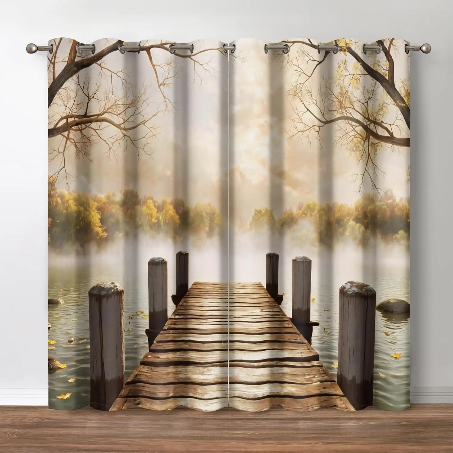 Polyester Autumn Nature View Curtains Window Drapes Rustic Misty Lake Pier Decor Waterproof Fall Scenery Panel for Bedroom Livin