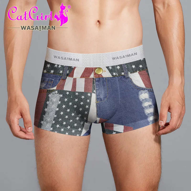 

Summer Cool Silk Jeans Print Men Elastic underwear Sexy Briefs Seamless Shorts Bottoms Boxer Panties