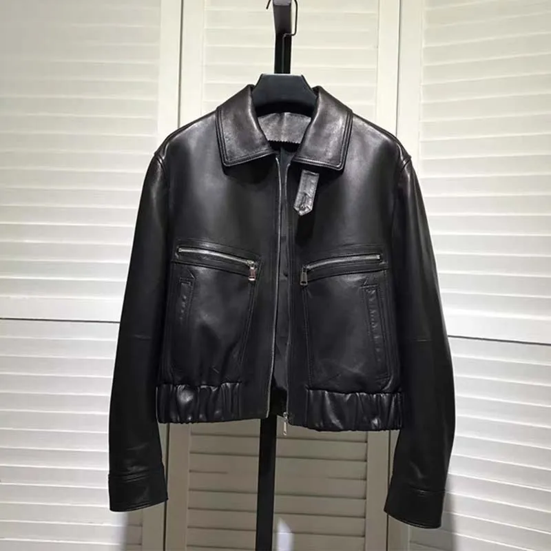 เสื้อโค้ทคุณภาพสูง ฤดูใบไม้ผลิ ฤดูใบไม้ร่วง หนังแกะแท้ธรรมชาติ แฟชั่นใหม่ปี 2025 เสื้อผ้าผู้หญิง ปกพับ แขนสั้น ความยาวสั้น